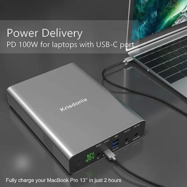 Alt view image 2 of 5 - Krisdonia Portable Laptop Charger 64000mAh 100W PD Power Bank - 1x USB-C (Input 60W Output 100W)- 2X DC (Up to 24V)- 2X QC3.0 USB-A (18W) Compatible with USB-C Laptop, MacBook Pro, Dell XPS and More