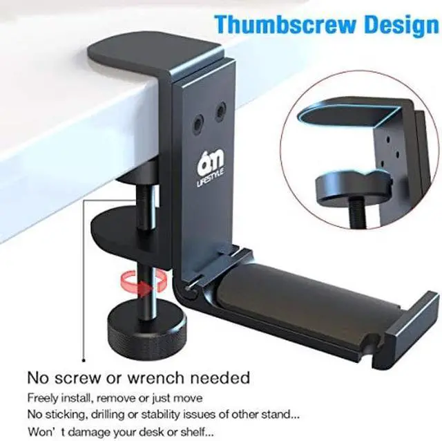 Alt view image 4 of 5 - 6amLifestyle Foldable Headphone Hodler Hook Hanger Stand Under Desk, Headphone Wall Mount with Cable Organizer Save Space Metal, Headset Holder Clamp for Headphones Gaming PC Headsets, Purse Handbag