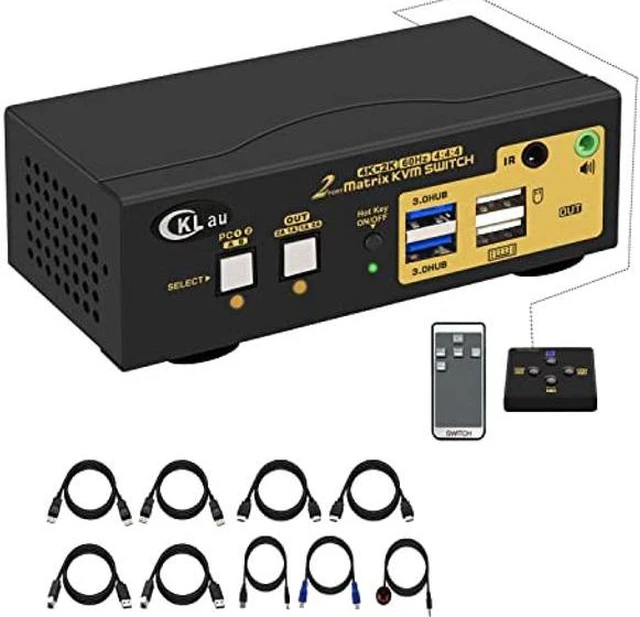 Main image of CKLau 2x2 Displayport + HDMI KVM Switch Dual Monitor USB 3.0 4K@60Hz with Audio and Cables Support EDID, DP 1.2, HDMI 2.0, HDR 10