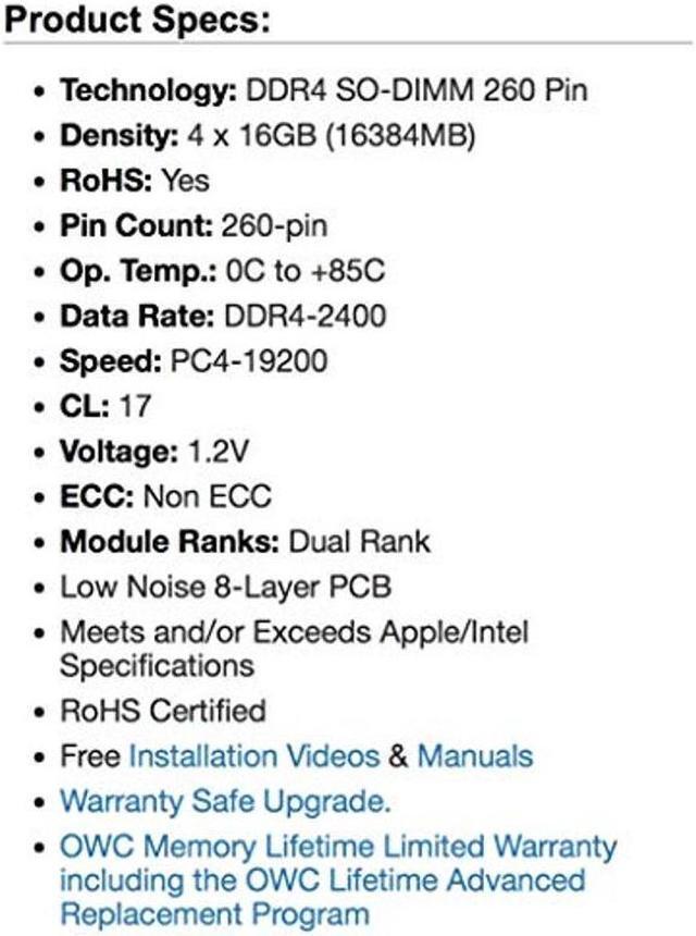 Alt view image 3 of 5 - OWC 64GB (4 x 16GB) PC19200 DDR4 2400MHz SO-DIMMs Memory Compatible with 27" iMac (Mid 2017), and Compatible PCs (OWC2400DDR4S64S)