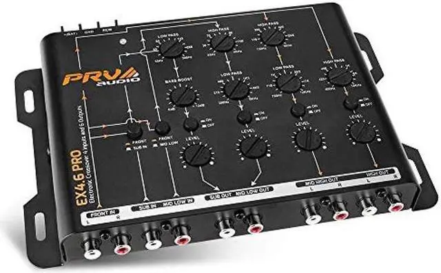 Main image of PRV AUDIO Crossover Car Audio EX4.6 PRO 4 Way or 3 Way Electronic Crossover 9 Volts, 4 in 6 Out RCA Channels Car Sound Processor