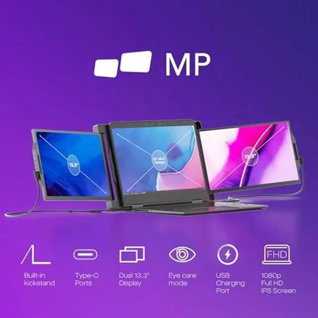 Alt view image 3 of 5 - New Mobile Pixels Trio Portable Monitor, 13.3" Triple Monitor for 13''-14.5'' Laptops (Built-in Kickstand), USB A/Type-C FHD IPS Laptop Screen Monitor(Optional Magnets), Windows/Android/macOS/Switch