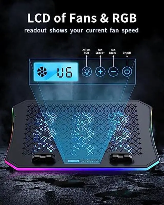 Alt view image 4 of 5 - KeiBn Upgraded Laptop Cooling Pad, Gaming Laptop Fan Cooling Pad with 9 Quiet Fans, RGB Laptop Cooler for 15.6-17.3 Inch, Cooling Pad for Laptop with 7 Height Stands, 2 USB Ports, Phone Stand-Blue