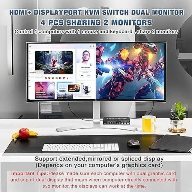 Alt view image 3 of 5 - Displayport+HDMI Dual Monitor KVM Switch for 4 PCs, 4K 60Hz KVM Switch 2 Monitors 4 Computers, with Audio Microphone Output and 3 USB 2.0 Ports, HDMI+DP Monitor Switch for 4 PCs 2 Monitors