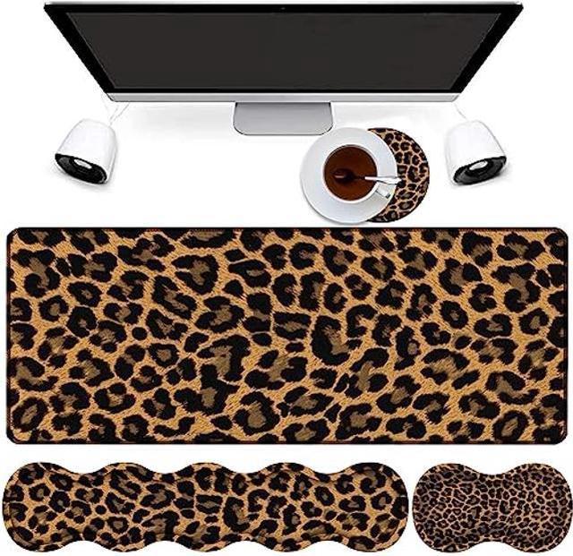4 in 1 Mouse Pad Combo, Large Gaming Mouse Pad + Keyboard Wrist Support +  Mouse Wrist Rest + Coaster, Table Pad with Stitched Edge Memory Foam  Ergonomic Wrist Pad Set, Leopard Print 