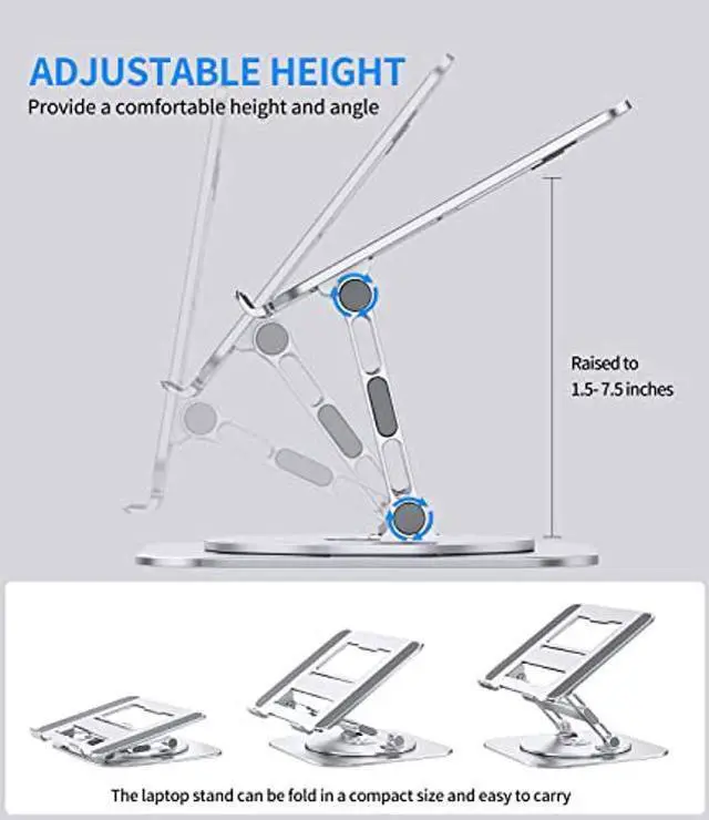 Alt view image 4 of 5 - AOEVI Adjustable Laptop Stand with 360 Rotating Base, Stable Computer Stand for Laptop Ergonimic Foldable Laptop Riser for Desk Compatible with MacBook Pro/Air Notebook up to 16 Inches, Silver