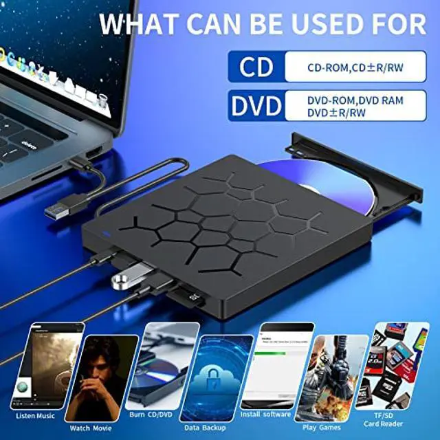 Alt view image 3 of 5 - External CD/DVD Drive for Laptop, USB 3.0 &7 IN 1 USB 3.0 Ultra-Slim Portable DVD Player, CD ROM Burner Writer External Disk Drive Optical Compatible with Laptop Desktop PC MacBook Windows Mac LinuxOX