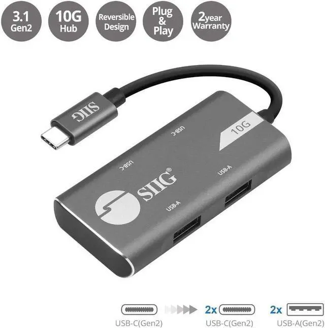 Alt view image 2 of 5 - SIIG USB C Hub, 2X USB-C, 2X USB 3.1 with 10Gbps Data Transfer, Plug-n-Play for MacBook, PC, Laptop, Windows/MacOS (JU-H40G11-S1)