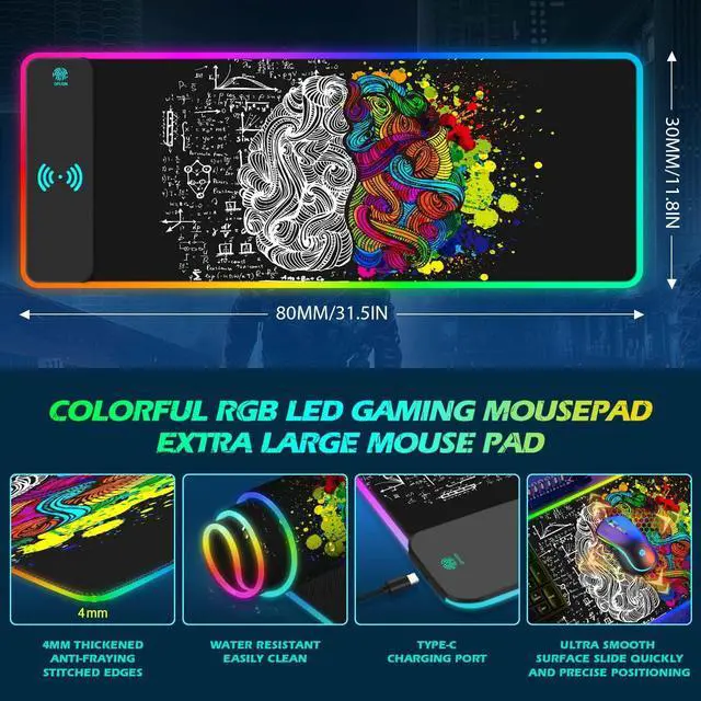 Alt view image 5 of 5 - ToLuLu RGB Gaming Wireless Charging Mouse Pad, 7.5/10/15W 10 Light Modes LED Mouse Pad Computer Keyboard Mat Mousepad, 800x300x4MM Extended Large Desk Mat for Gaming, MacBook, Laptop, PC, Human Brain