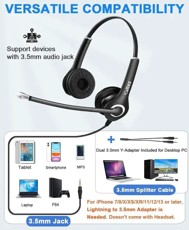Alt view image 2 of 5 - Callez 3.5mm Cell Phone Headset with Microphone Noise Cancelling for iPhone Samsung Smartphones Tablets, Computer Headset for Laptop PC Skype Call Center Office Classroom, Super Comfort, Clear Chat