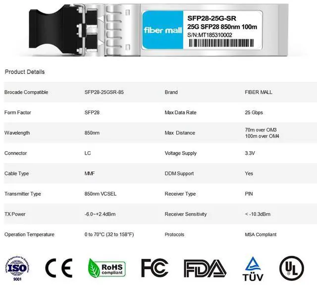 Alt view image 2 of 5 - 25G SFP28 SR for Brocade 25G-SFP28-SR,Compatible 10/25GBASE-SR SFP28 850nm 100m DOM LC MMF Optical Transceiver Module