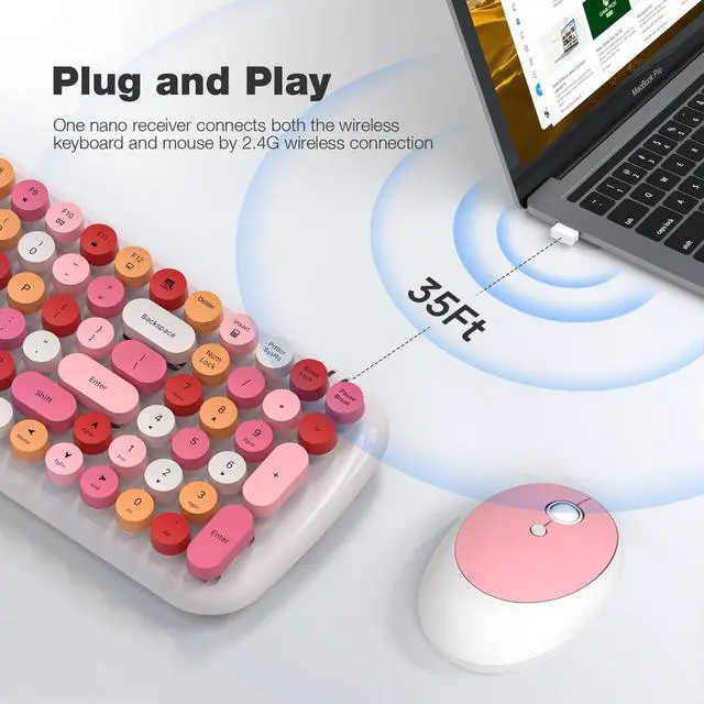 Alt view image 2 of 5 - KNOWSQT Wireless Keyboard and Mouse Combo, White Mixed 100 Keys 2.4 GHz Round Keycap Typewriter Keyboards, USB Receiver Plug and Play, for Windows, PC, Laptop, Mac, Desktop
