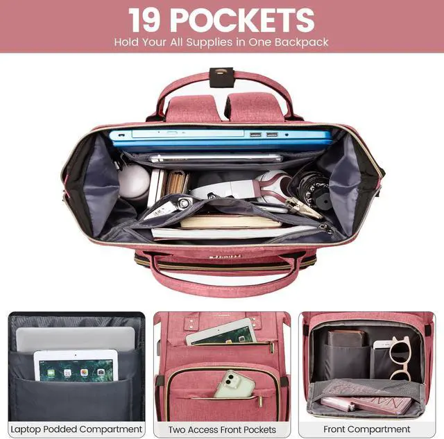 Alt view image 3 of 5 - LOVEVOOK Laptop Backpack for Women,17 Inch Professional Womens Travel Backpack Purse Computer Laptop Bag Nurse Teacher Backpack,Waterproof College Work Bag Carry on Back Pack with USB Port,Light-red