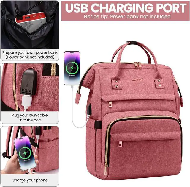 Alt view image 4 of 5 - LOVEVOOK Laptop Backpack for Women,17 Inch Professional Womens Travel Backpack Purse Computer Laptop Bag Nurse Teacher Backpack,Waterproof College Work Bag Carry on Back Pack with USB Port,Light-red
