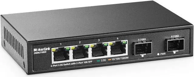 Main image of MokerLink 4 Port 2.5G Ethernet Switch with 2x10G SFP, 4 x 2.5G Base-T Ports Compatible with 10/100/1000Mbps, Metal Unmanaged Fanless Network Switch