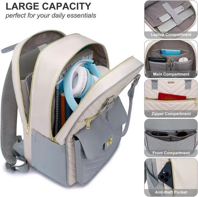 Alt view image 2 of 5 - RJEU Cute Backpack for College Students,Teen Girl Bookbag Women with Laptop Compartment for Travel,Mochilas de Mujer,Gray Beige