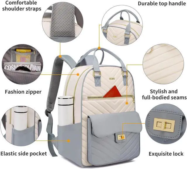 Alt view image 3 of 5 - RJEU Cute Backpack for College Students,Teen Girl Bookbag Women with Laptop Compartment for Travel,Mochilas de Mujer,Gray Beige