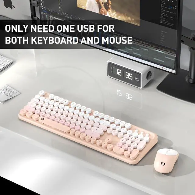 Alt view image 4 of 5 - Wireless Keyboards Mouse Combos, Colorful Cute Typewriter Full-Size Retro Round Keycaps, 2.4GHz Cordless Sleep Mode Office Quiet Wireless Keyboard and Mouse Set for Desktop Laptop PC Computer