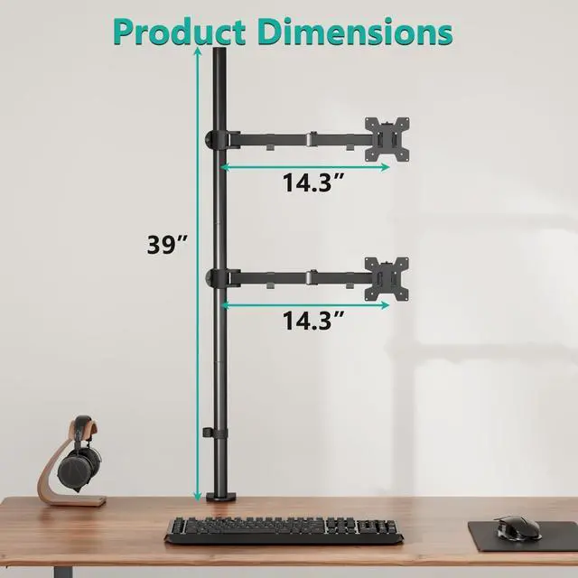Alt view image 3 of 5 - WALI Dual Vertically Stacked Monitor Desk Mount, Extra Tall Adjustable Stand for 2 Ultrawides up to 32 inches, Fully Adjustable Extended Arms Fits Two Screens up to 32 inch 22 lbs (M12XXL), Black