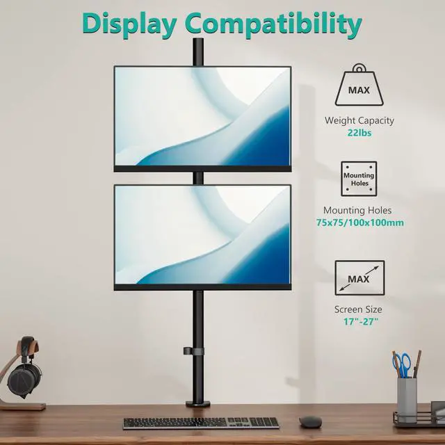Alt view image 2 of 5 - WALI Dual Vertically Stacked Monitor Desk Mount, Extra Tall Adjustable Stand for 2 Ultrawides up to 32 inches, Fully Adjustable Extended Arms Fits Two Screens up to 32 inch 22 lbs (M12XXL), Black