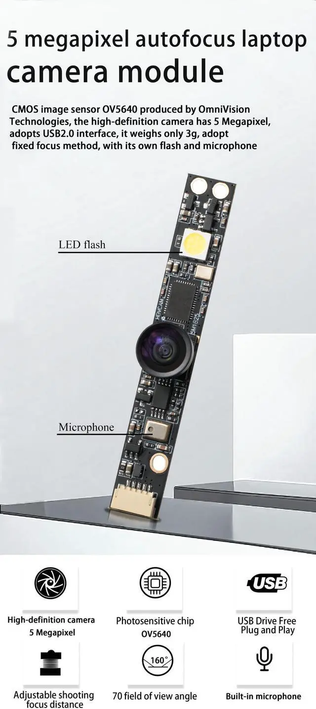 Alt view image 2 of 5 - XICOOLEE OV5640 USB Camera Module 5MP Fixed Focus 160 Degree Camera for Win XP Win7 Win8 Vista Mac Linux Android 4.0 Jetson Nano with Flash Microphone Support OTG Standard UVC Protocol Driver-Free