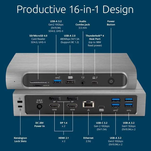 Alt view image 3 of 5 - Kensington SD5800T Thunderbolt 4 and USB4 Quad 4K Display Docking Station, 100W Charging, 2 x HDMI, 2 x DP, 2.5G Ethernet, Card Readers, for Windows/MacOS (K32856NA)
