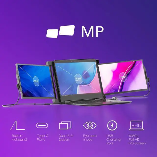Alt view image 3 of 5 - New Mobile Pixels Trio Portable Monitor, 13.3" Triple Monitor for 13''-14.5'' Laptops (Built-in Kickstand), USB A/Type-C FHD IPS Laptop Screen Monitor(Optional Magnets), Windows/Android/macOS/Switch