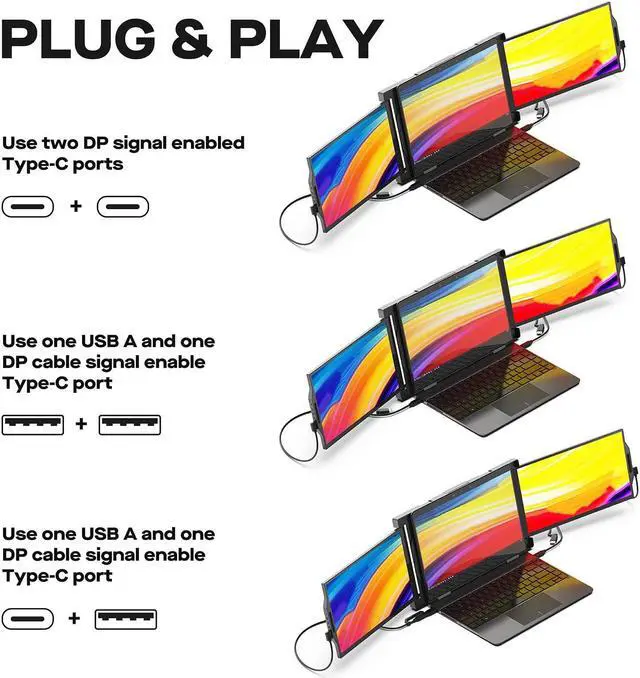 Alt view image 4 of 5 - New Mobile Pixels Trio Portable Monitor, 13.3" Triple Monitor for 13''-14.5'' Laptops (Built-in Kickstand), USB A/Type-C FHD IPS Laptop Screen Monitor(Optional Magnets), Windows/Android/macOS/Switch