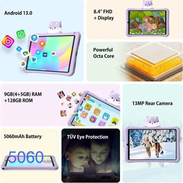 Alt view image 2 of 5 - DOOGEE 2024 Newest Android 13 Tablet with Octa-Core Processor, 8.4" Kids Tablet with 9GB RAM 128GB ROM, WiFi 6, BT5.0, 5060mAh,13MP Dual Camera, Purple