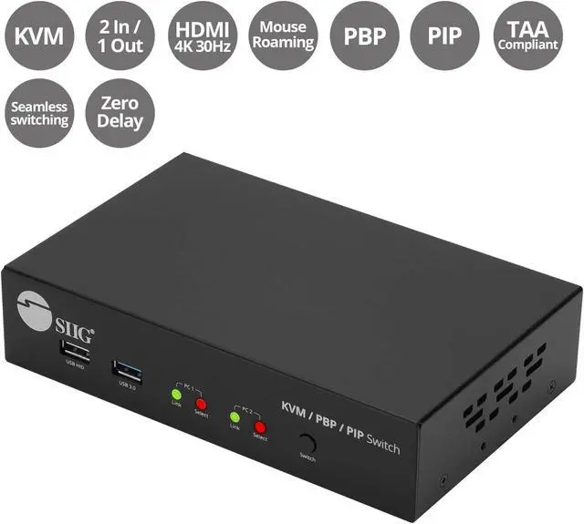 Alt view image 2 of 5 - SIIG 2-Port 4K KVM Switch HDMI with Picture-by-Picture (PbP) Mouse Cursor Roaming and Picture-in-Picture (PiP) Image for 2 Computers, Support Windows and Linux, TAA Compliant (CE-KV0G11-S1)