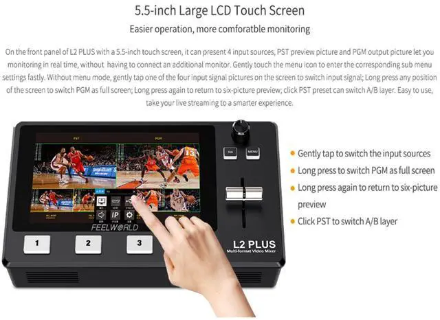 Alt view image 4 of 5 - FEELWORLD L2 Plus Multi-Camera Video Mixer Switcher with 5.5" LCD Touch Screen PTZ Control Chroma Key Built-in Chroma Key and Logo Overlay USB3.0 Live Streaming