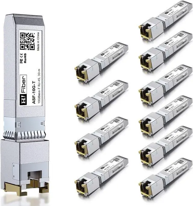 Main image of H!Fiber 10 Pack 10Gb SFP+ RJ45 Transceiver Support 10G/5G/2.5G/1.25G, 30m, 10Gbase-T SFP+ Ethernet Module Compatible with Cisco SFP-10G-T-S, Ubiquiti UF-RJ45-10G, UniFi,TP-Link,Fortinet,MikroTik