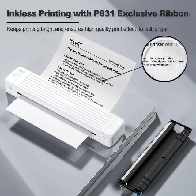 Alt view image 3 of 5 - Itari P831 Portable Printers Wireless for Travel, Black and White 300DPI Inkless Printer with Exclusive 2 Rolls Thermal Transfer Ribbon and 200 Sheets A4 & US Letter Glossy Printer Paper