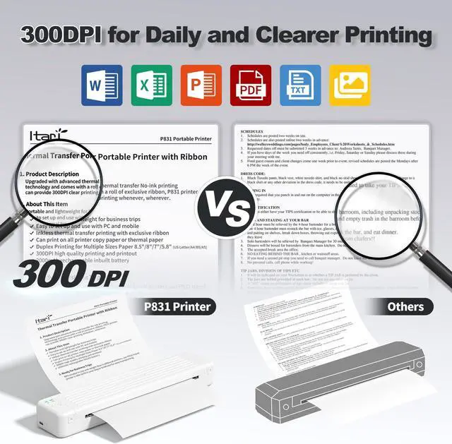 Alt view image 4 of 5 - Itari P831 Portable Printers Wireless for Travel, Black and White 300DPI Inkless Printer with Exclusive 2 Rolls Thermal Transfer Ribbon and 200 Sheets A4 & US Letter Glossy Printer Paper
