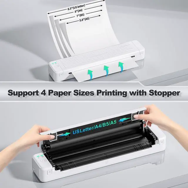 Alt view image 5 of 5 - Itari P831 Portable Printers Wireless for Travel, Black and White 300DPI Inkless Printer with Exclusive 2 Rolls Thermal Transfer Ribbon and 200 Sheets A4 & US Letter Glossy Printer Paper