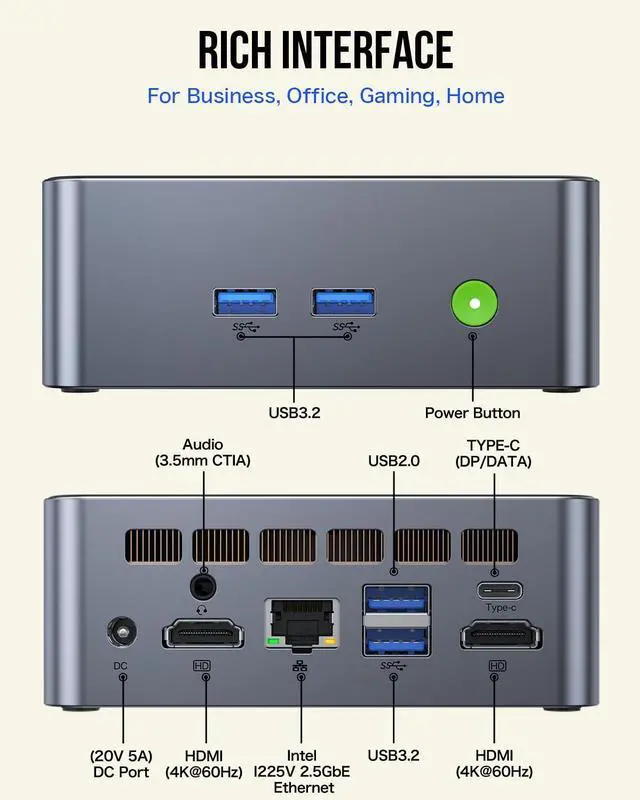 Alt view image 3 of 5 - GMKtec Mini Desktop Computer, M3 Intel Core i5 12450H (8C/12T, up to 4.40GHz) Mini PC 16GB DDR4 (8GB*2) 512GB SSD, 2X HDMI 4K, 4X USB 3.2, USB-C, WiFi 6, BT 5.2, RJ45 2.5G Black