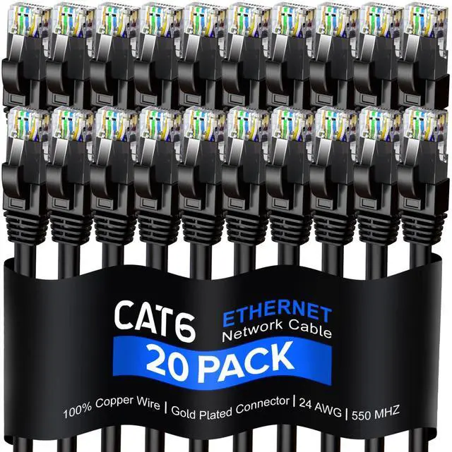 Main image of Maximm Cat 6 Ethernet Cable 1 Ft, 100% Pure Copper, Cat6 Cable (20 Pack) LAN Cable, Internet Cable, Patch Cable and Network Cable - UTP (Black) 1 Foot