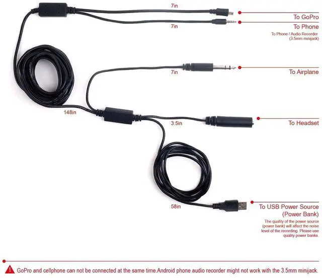 Alt view image 2 of 5 - V2 18FT ATC Radio Audio Recording Cable with Dual Output for Gopro Phone Audio Recorder Extra Long 5meter Airplane Cockpit Intercom with USB Power HERO3 HERO3+ / HERO4, Needs Adapter For Newer Models