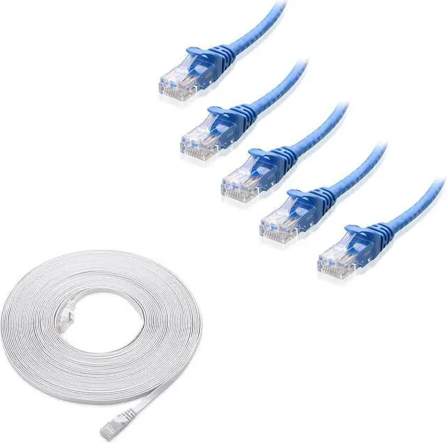 Main image of Cable Matters 5-Pack 5-Foot Snagless Short Cat6 Ethernet Cable (Cat6 Cable, Cat 6 Cable) in Blue & 1-Pack 50-Foot Cat6 Flat Ethernet Cable in White
