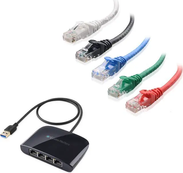 Main image of Cable Matters 5-Color Combo Snagless Short Cat6 Ethernet Cable 5 ft & USB 3.1 to 4-Port Gigabit Ethernet Switch (USB to Gigabit Ethernet Adapter)