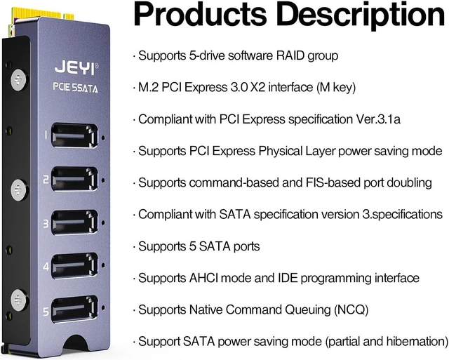 Alt view image 2 of 5 - JEYI NVMe M.2 to 5 Sata Adapter, Internal 5 Port Non-RAID SATA III 6GB/s M.2 NVMe Adapter Card for Desktop PC Support SSD and HDD