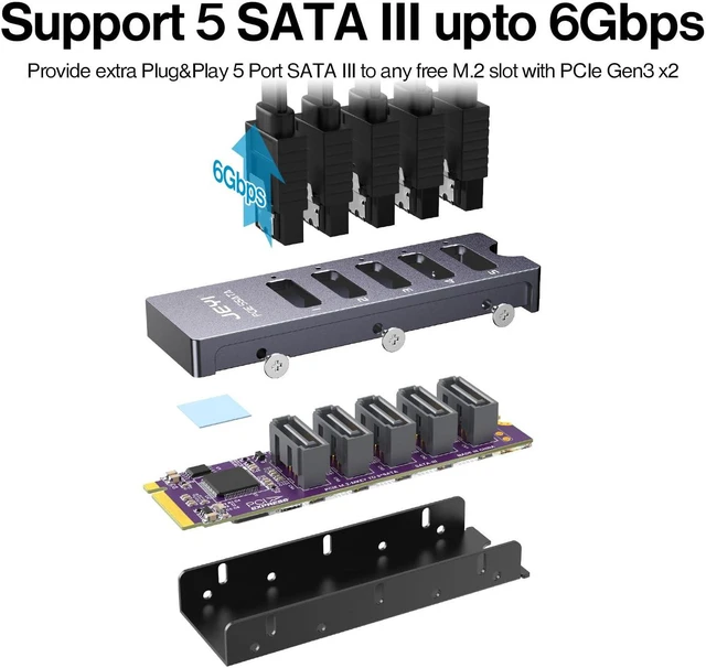 Alt view image 5 of 5 - JEYI NVMe M.2 to 5 Sata Adapter, Internal 5 Port Non-RAID SATA III 6GB/s M.2 NVMe Adapter Card for Desktop PC Support SSD and HDD