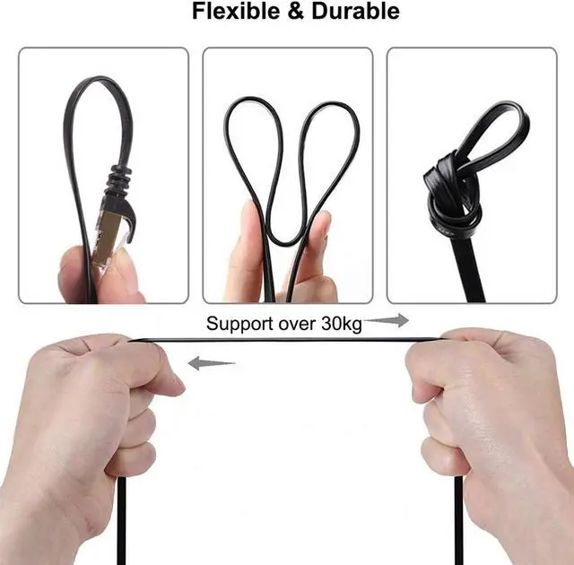 Alt view image 5 of 5 - BUSOHE Cat 8 Ethernet Cable 60 FT, 40Gbps 2000MHz Cat8 High Speed Flat Internet Network Patch Cord, SFTP Shielded LAN Wire with Gold Plated RJ45 Connector, with Clips, Outdoor Indoor- 60FT Black