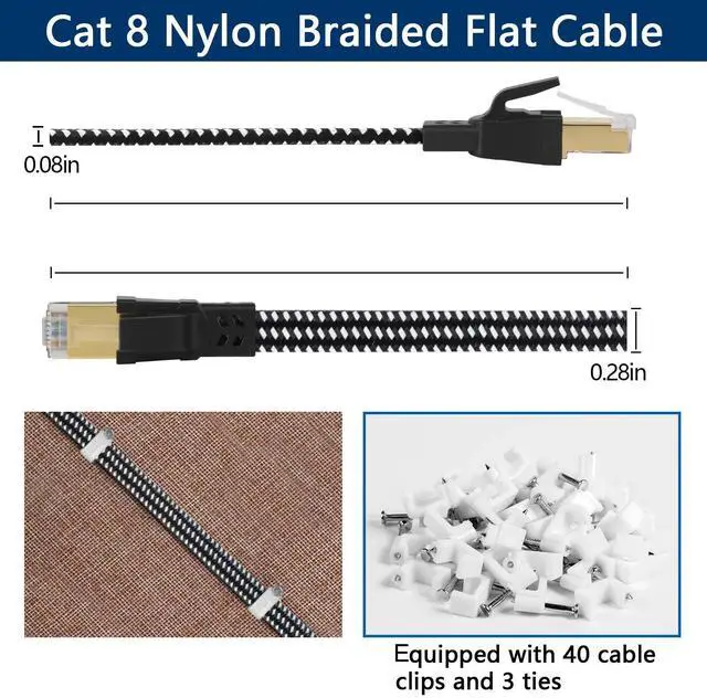 Alt view image 4 of 5 - DEEGO Cat 8 Ethernet Cable 100 FT, Nylon Braided High Speed Flat Network Cable Shielded, 30AWG LAN Internet Cable 40Gbps, 2000Mhz with Gold Plated RJ45 Connector Fits Gaming, Router, Modem, PS4, PS5