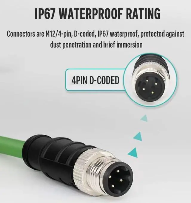 Alt view image 4 of 5 - Eonvic M12 4 Pin D-Code to RJ45 Gigabit Cognex industrial Camera Network Cord CAT5 Shielded Cables (green, 1M)