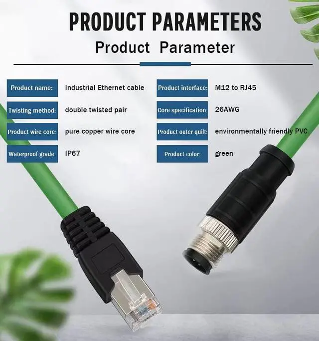 Alt view image 5 of 5 - Eonvic M12 4 Pin D-Code to RJ45 Gigabit Cognex industrial Camera Network Cord CAT5 Shielded Cables (green, 1M)