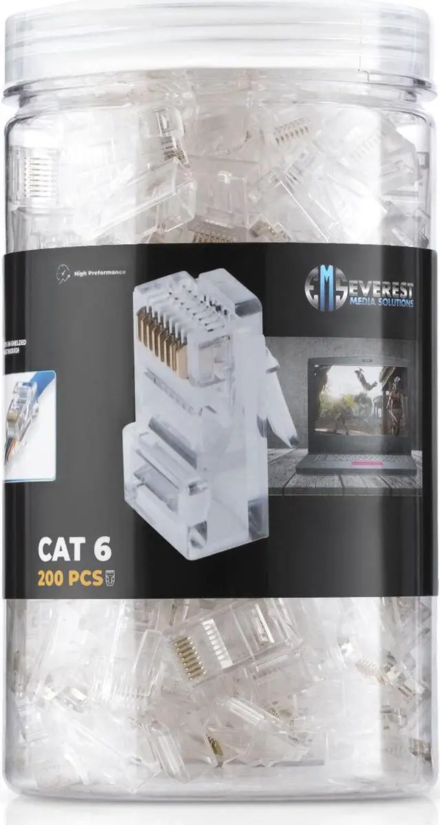 Main image of Everest Cat6 RJ45 Pass Through Connector 200-Pack - EZ Cat 6 Pass Through RJ45 Connectors - cat 6 connectors - Ethernet Connector - Ethernet Plug - for Solid or Stranded UTP Network Cable