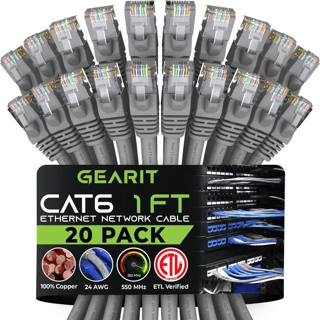 Main image of GearIT Cat 6 Ethernet Cable (20-Pack 1 Foot) Cat6 Network Patch, 10Gbps, RJ45, Snagless Cord, Gold-Plated Connectors, Internet for PC, TV, Tablet, Router, Printer, Servers, IT Data Center - Gray