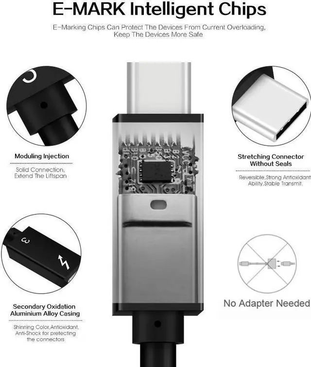 Alt view image 3 of 5 - GodSpin Thunderbolt 3 Cable USB C to C Super Speed, 40Gbps Data Transfer & 4K Video Output C to C Type Fast Charging Cable 100W Compatible with Samsung MacBook Chromebook Braided (2.6ft/40Gbps)