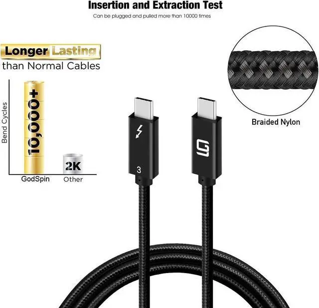 Alt view image 4 of 5 - GodSpin Thunderbolt 3 Cable USB C to C Super Speed, 40Gbps Data Transfer & 4K Video Output C to C Type Fast Charging Cable 100W Compatible with Samsung MacBook Chromebook Braided (2.6ft/40Gbps)